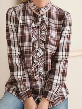 Plaid Ruffle Sz 2  LG Women's Blouse Button Down CHICO’s Cottage Core Classic